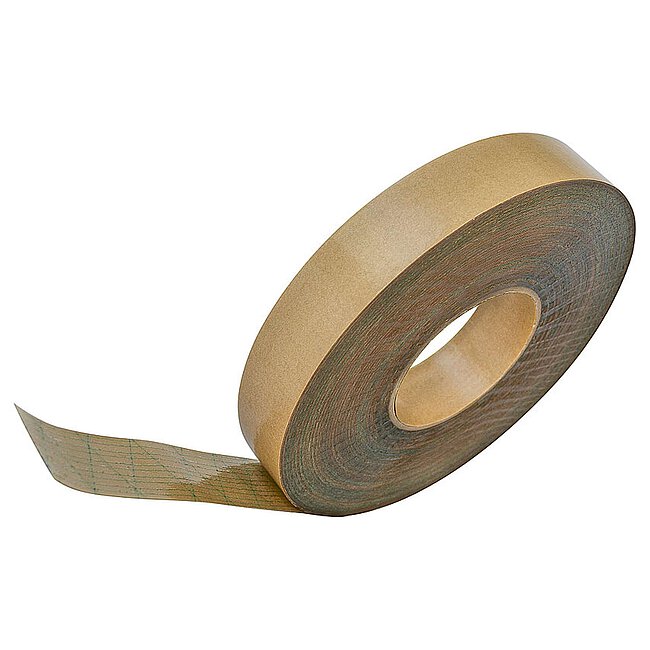 a brown roll of SIGA Top special adhesive tape for noise protection mats, isolated on white background
