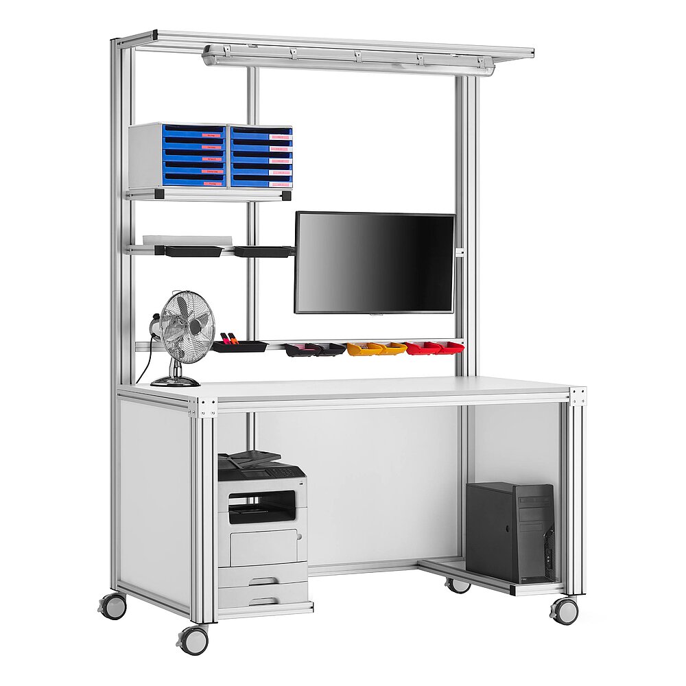 a mobile work table made of aluminium profiles on fastenable & turnable wheels, with workstation pc, laser printer, ventilator, monitor mounted on crossbar on eye level, storage in the overhead area and LED tube over the work area, isolated on white background