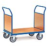 a blue FETRA® transport cart with push bar, featuring closed front and back walls with brown wood, brown wooden platform, two fixed wheels at the front and two fastenable steering wheels at the rear, isolated on white background