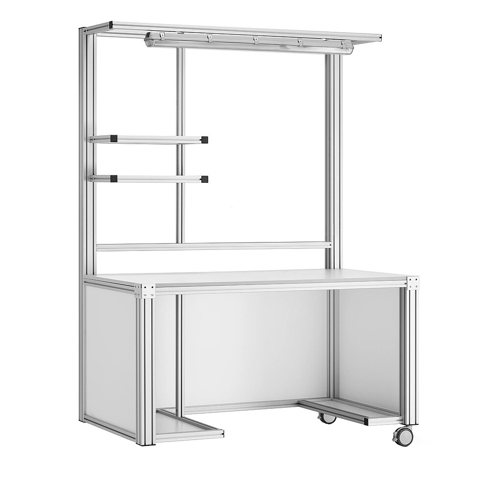 a basic mobile work table made of aluminium profiles on two fastenable & turnable wheels, with provision for workstation pc, provision for printer, storage in the overhead area and LED tube over the work area, isolated on white background