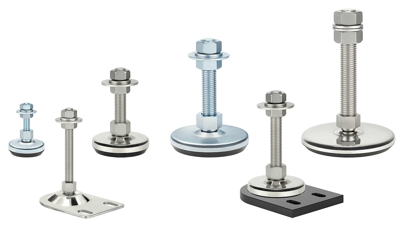 a group picture of six machine feet of different sizes, made of shining stainless steel or blueish shimmering zinc-galvanized steel, with various diameters and pendulum-action threads of various lengths, isolated on white background