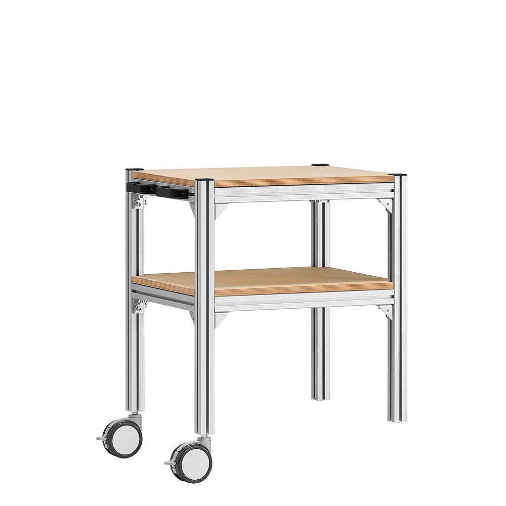a small trolley made of aluminium profiles, with two storeys, wooden inlay shelvings, black pushbar handle made of plastics and two large, fastenable & turnable wheels, isolated on white background