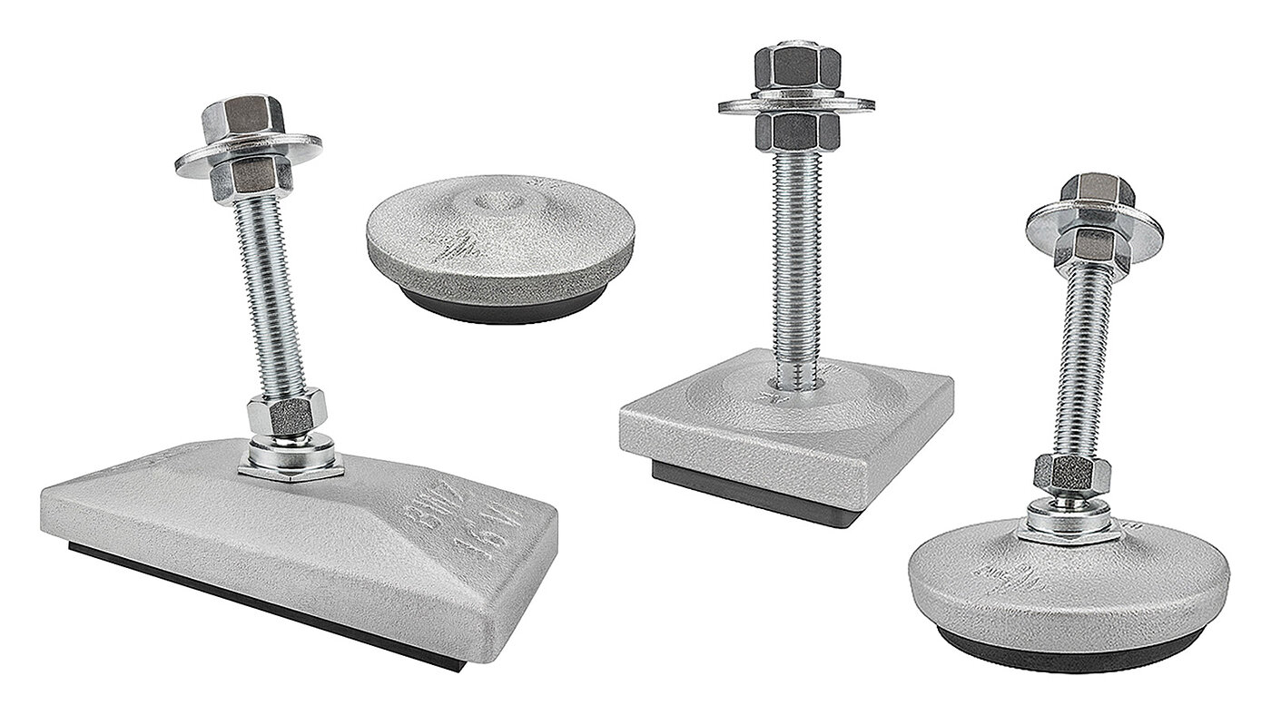 a group picture of four silver-coloured levelling elements made of cast iron with and without screws and in different shapes, i.e. round, square and rectangular, each with a black elastomer board at the bottom for vibration dampening, isolated on white background 