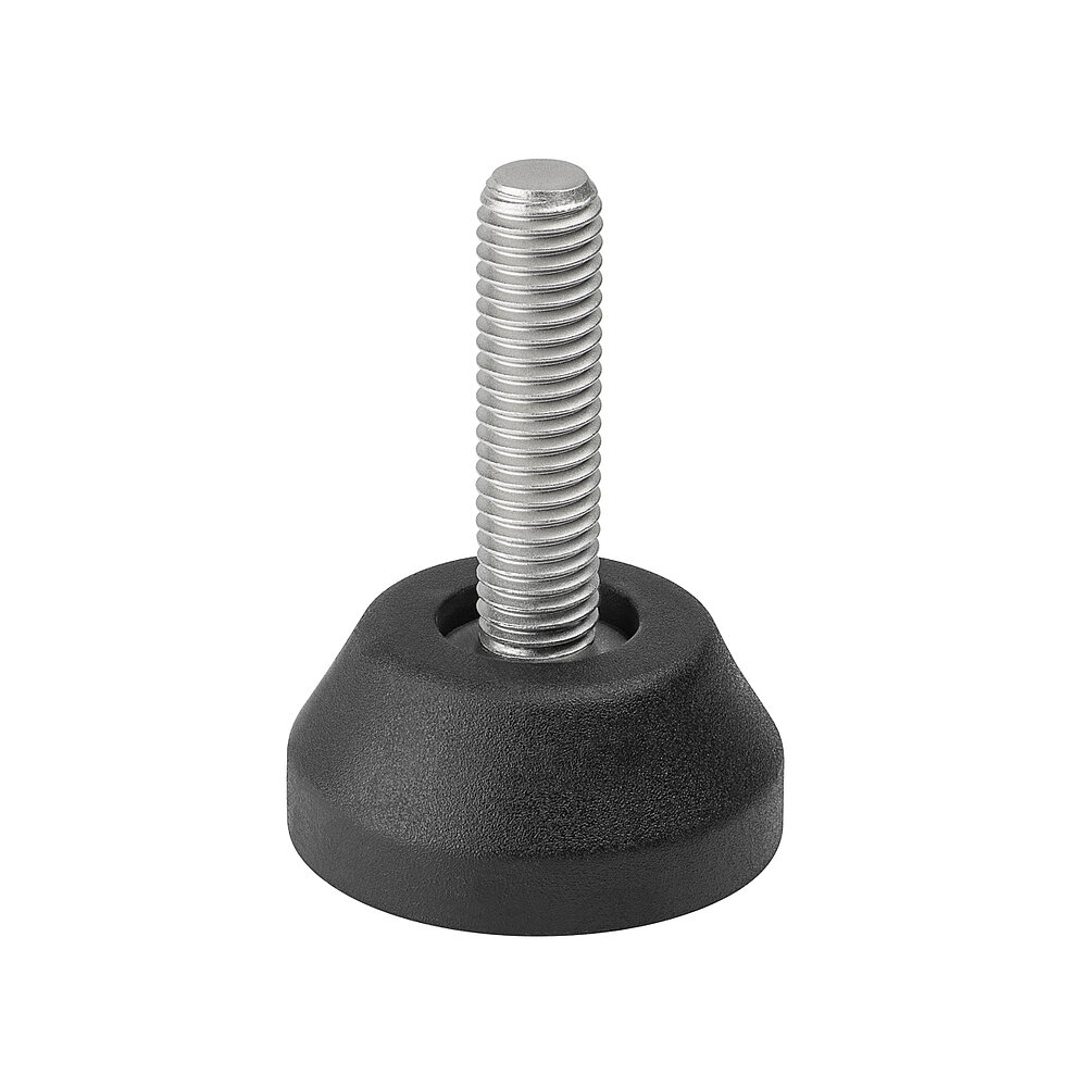 a round screw-in action levelling foot for machinery and appliances, made of black thermoplast elastomer, with a diameter of 40 mm and a tightly plastic-injection-moulded, stainless steel levelling screw M10x37mm, in the view from askew and from above, isolated on white background