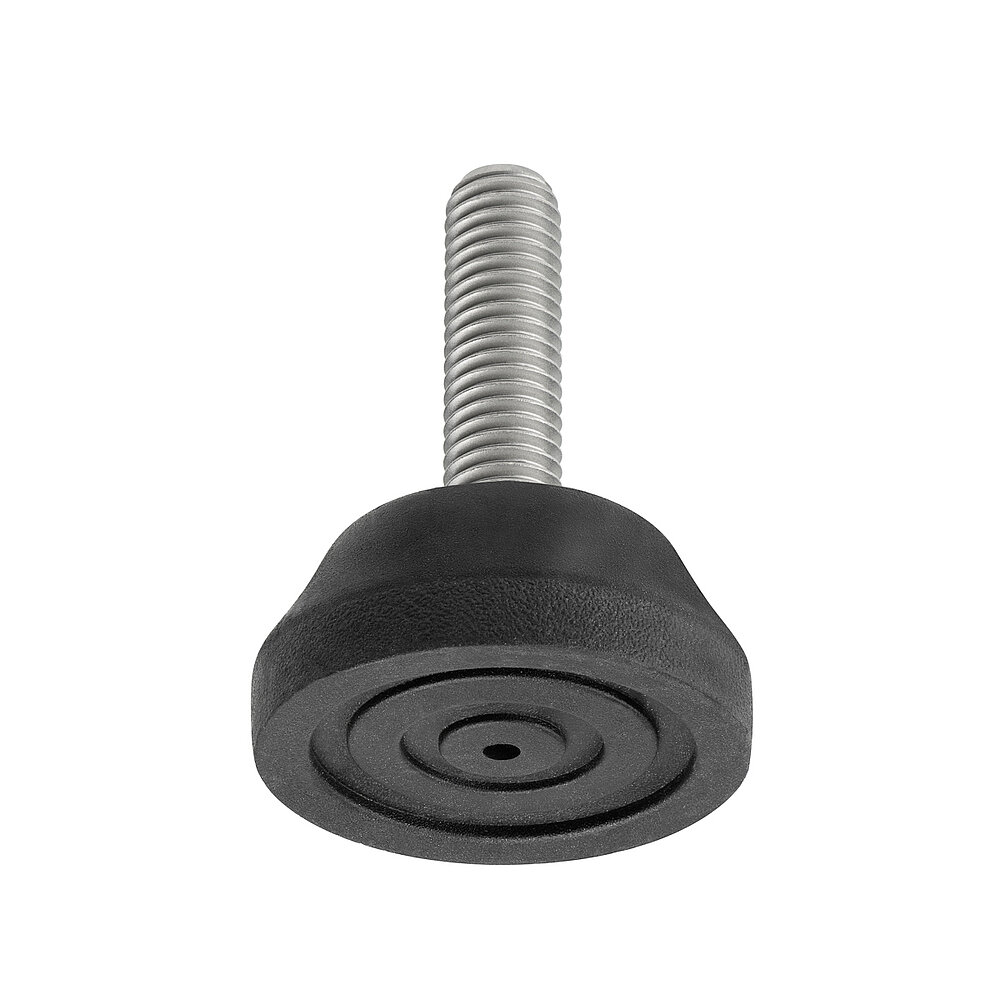 a round screw-in action levelling foot for machinery and appliances, made of black thermoplast elastomer, with a diameter of 40 mm and a tightly plastic-injection-moulded, stainless steel levelling screw M10x37mm, in the view from askew and from below, revealing three concentric profiled rings for non-slip protection at the bottom, isolated on white background
