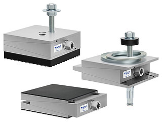 a group picture of three height-adjustable silver-coloured machine mounts made of precision-milled metal, with wedge-shaped middle part, in variants free-standing, bolt-on and bolt-through, with different types of elastomer boards for vibration dampening or as non-slip protection, isolated on white background