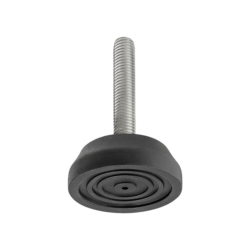 a round screw-in action levelling foot for machinery and appliances, made of black thermoplast elastomer, with a diameter of 50 mm and a tightly plastic-injection-moulded, stainless steel levelling screw M10x57mm, in the view from askew and from below, revealing four concentric profiled rings for non-slip protection at the bottom, isolated on white background