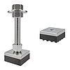 two square machine feet made of zinc-galvanized steel plates with black elastomer NBR at the bottom for vibration dampening, one element with thread in a pendulum-action hexagonal cap nut on top, one element with a 120 degree counter sinking on top and no thread, isolated on white background