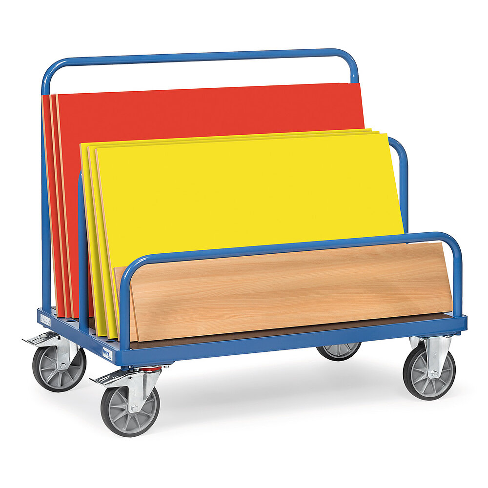 a blue FETRA® cart for the transport of sheet material, with blue detachable mount-on separator bars and loaded with various coloured wooden boards, isolated on white background