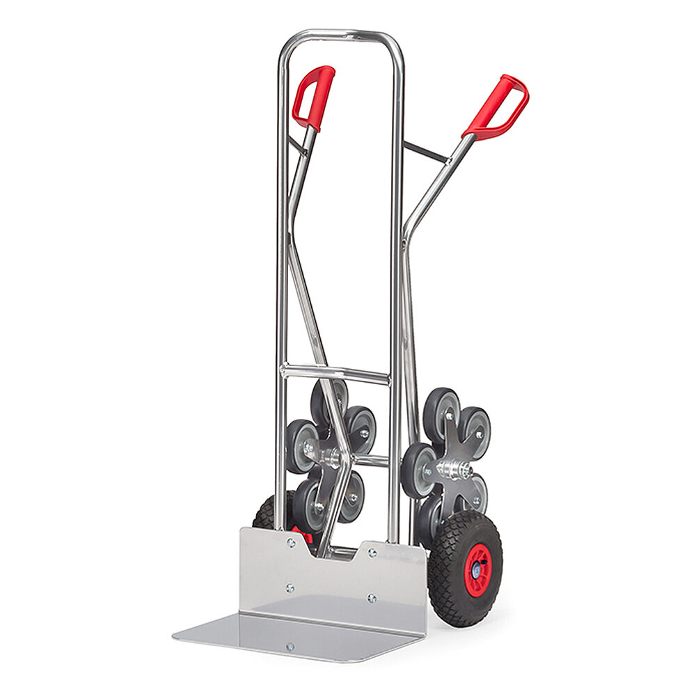 a silver-coloured FETRA® alu-stairway truck made of aluminium tube, with five-armed wheel hub, broad loading fork and red handles, isolated on white background