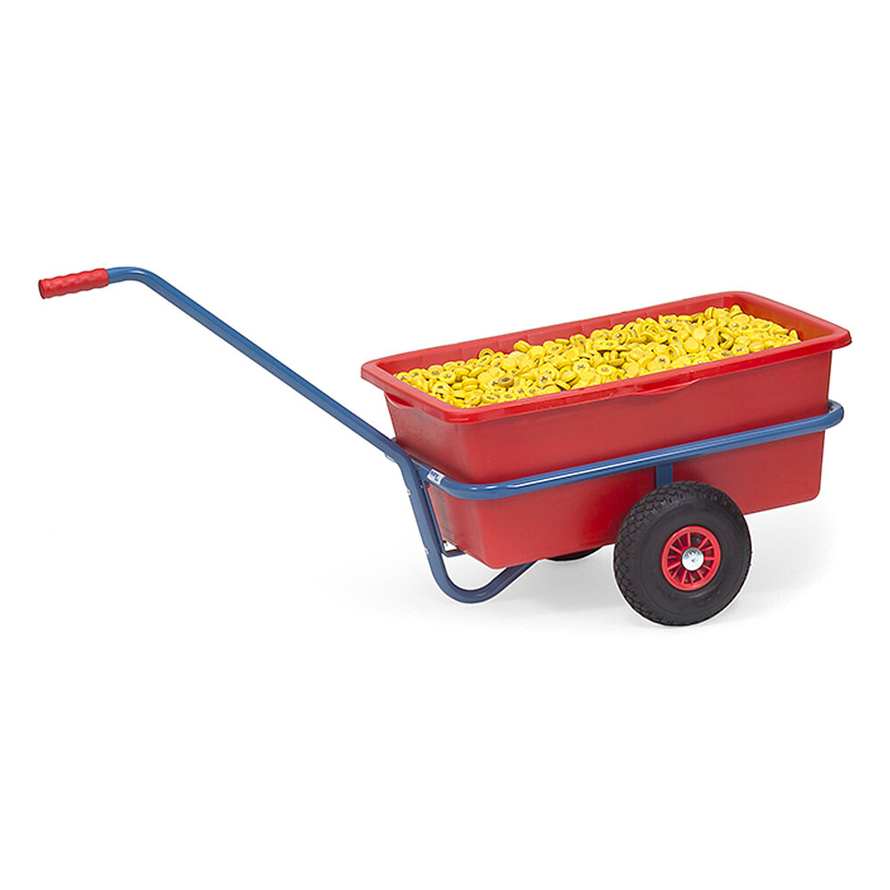 a blue, 1 axis FETRA® hand cart with a red plastic tub, filled with yellow plastic parts, and air tyres, isolated on white background