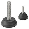 two round screw-in machine feet made of black thermoplast elastomer with different diameters and tightly embedded levelling screws of various lengths and thicknesses in stainless steel in the view from the side and above, isolated on white background