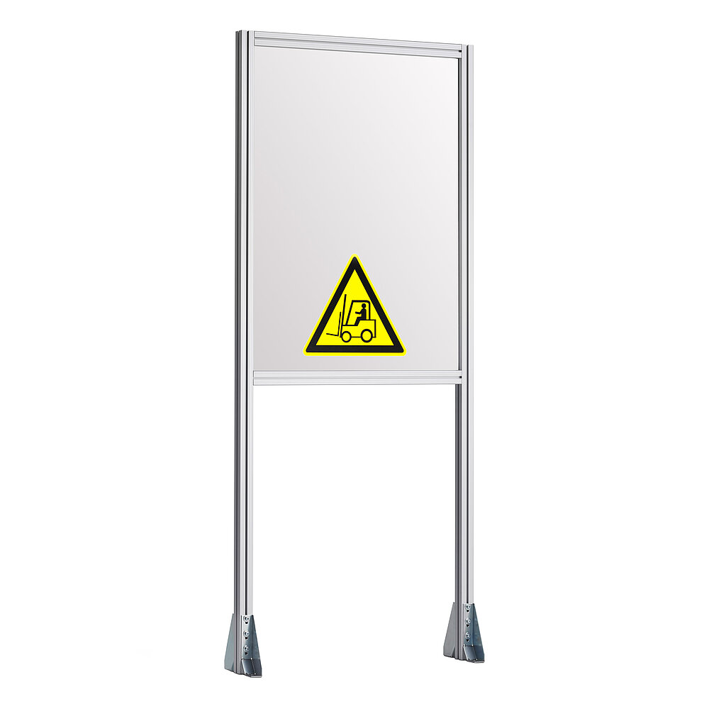 a tall frame made of aluminium profiles, with mounting brackets for ground installation, and framed grey signboard with graphic yellow depiction of forklift traffic warning, isolated on white background