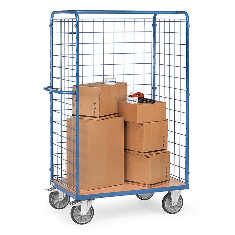 a tall blue FETRA® parcel cart made of steel tube with push bar, light-coloured wooden platform, steel mesh walls to three sides, two fixed wheels at the front, two fastenable steering wheels at the rear and loaded with five brown closed cardboard boxes, isolated on white background
