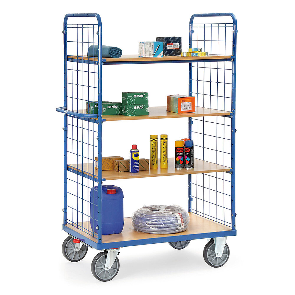 a tall blue FETRA® shelved trolley with push bar, four light-coloured wooden shelves, steel grating at the short sides, two fixed wheels at the front, two fastenable steering wheels at the rear, and loaded with cardboard boxes of screws, a tube roll and other work utensils, isolated on white background