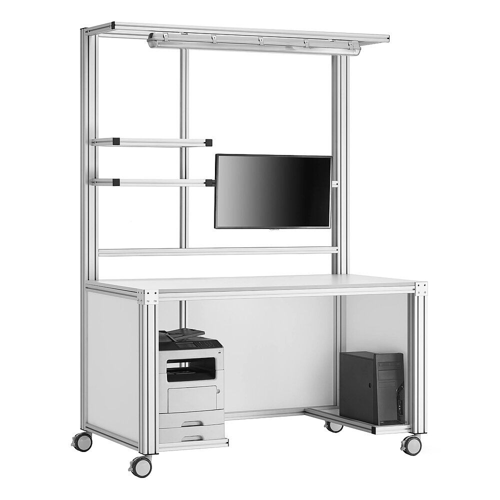 a mobile work table made of aluminium profiles on fastenable & turnable wheels, with workstation pc, laser printer, monitor mounted on crossbar on eye level, storage in the overhead area and LED tube over the work area, isolated on white background