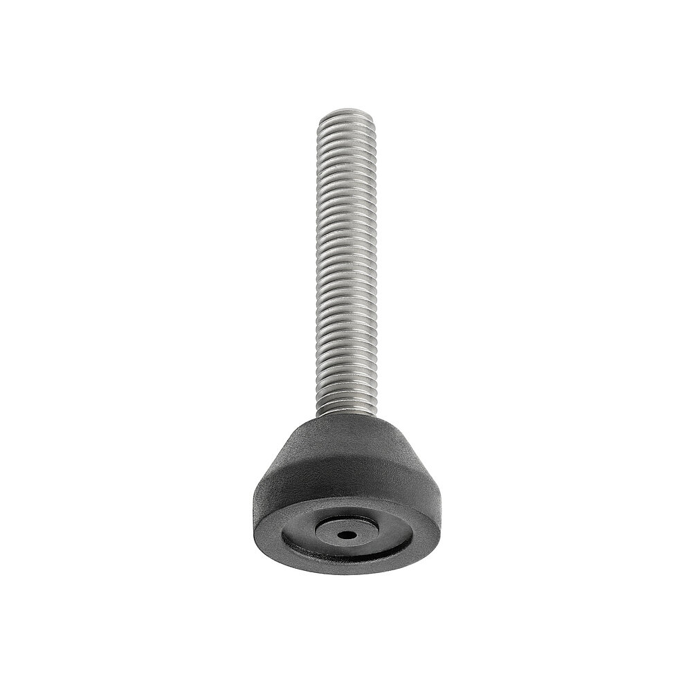 a round screw-in action levelling foot for machinery and appliances, made of black thermoplast elastomer, with a diameter of 30 mm and a tightly plastic-injection-moulded, stainless steel levelling screw M10x57mm, in the view from askew and from below, revealing two concentric profiled rings for non-slip protection at the bottom, isolated on white background