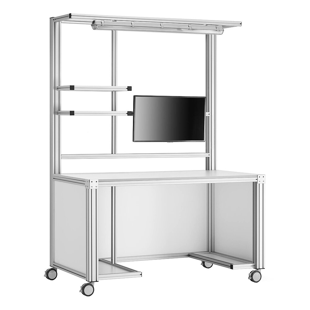 a mobile work table made of aluminium profiles on fastenable & turnable wheels, with provision for workstation pc, provision for printer, monitor mounted on crossbar on eye level, storage in the overhead area and LED tube over the work area, isolated on white background