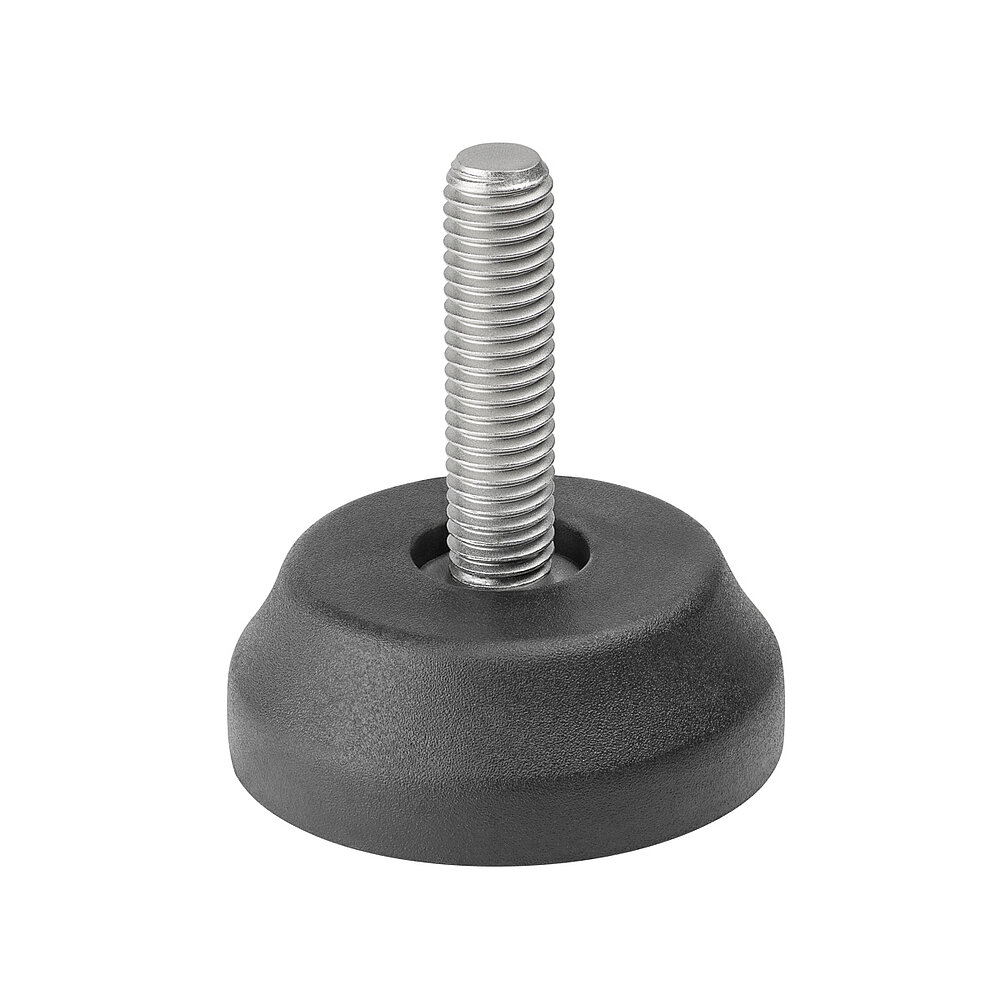 a round screw-in action levelling foot for machinery and appliances, made of black thermoplast elastomer, with a diameter of 50 mm and a tightly plastic-injection-moulded, stainless steel levelling screw M10x37mm, in the view from askew and from above, isolated on white background