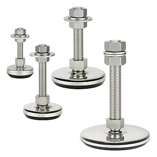 a group picture of four machine feet made of shiny stainless steel or matte-shiny, sandblasted stainless steel with various diameters at the base, thread in a pendulum-action cap nut atop the base plate and black elastomer NBR underneath the base plate, isolated on white background