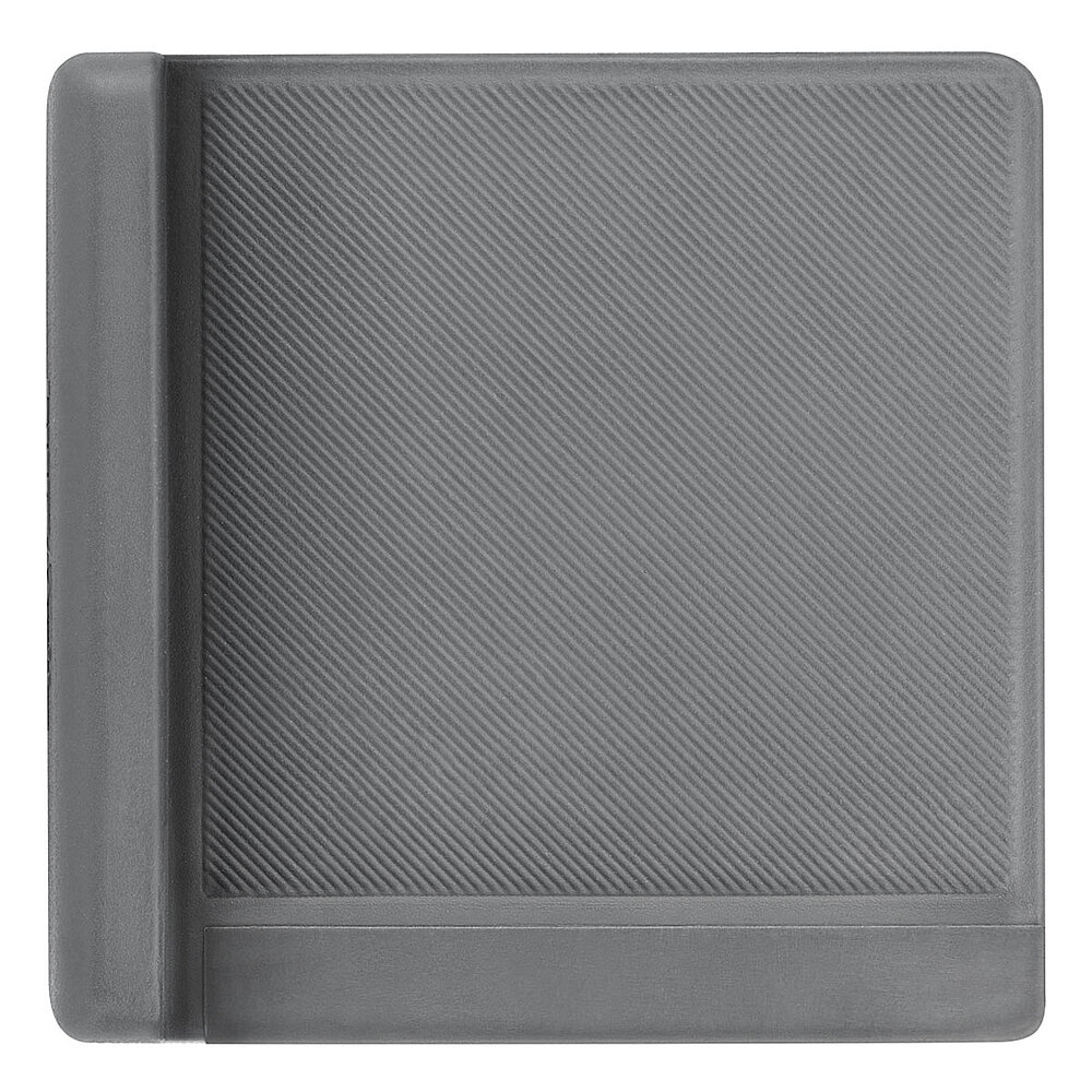 a medium-sized light-grey square elastomer form piece in the flat-lay view from above, with an elevated crosspiece on one side and fine parallel grooves on the surface, isolated on white background