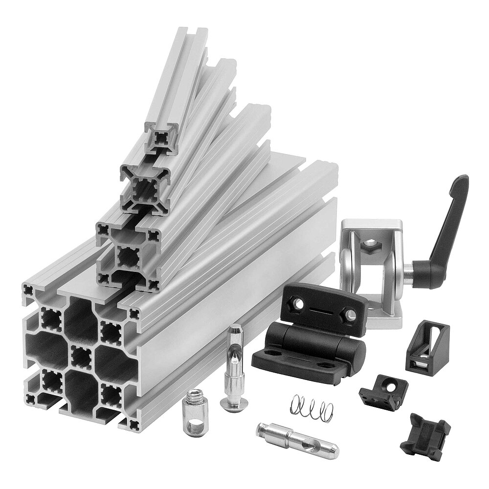 four oblong, stacked cuts from aluminium profiles featuring different square measures, next to them diverse fasteners, hinges and accessory parts for profile technology, isolated on white background