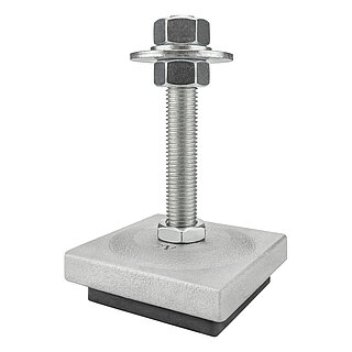a square, silver-lacquered levelling element made of cast iron, with a non-pendulum zinc-coated levelling screw with a counter flat hexagonal nut at the bottom end, placed on top of the cast iron corpus, with the corpus and levelling screw tightly connected to each other against falling apart, and black elastomer for vibration damping at the bottom, isolated on white background