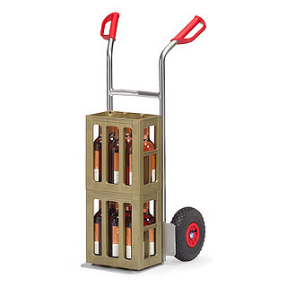 a silver-coloured FETRA® alu-stacking truck made of aluminium tube, with air tyres, loading fork, red handles and loaded with two stacked wine crates, isolated on white background
