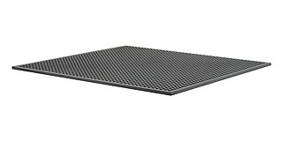 a thin, black, square board made of nitrile butadiene rubber NBR for non-slip protection underneath machines, with structured surface of small square indentions, isolated on white background