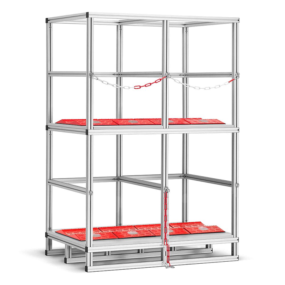 a tyre rack made of aluminium profiles with two storeys, each lined with red TyreGuard® tyre protectors, the upper storey secured with a cross-wise chain, isolated on white background
