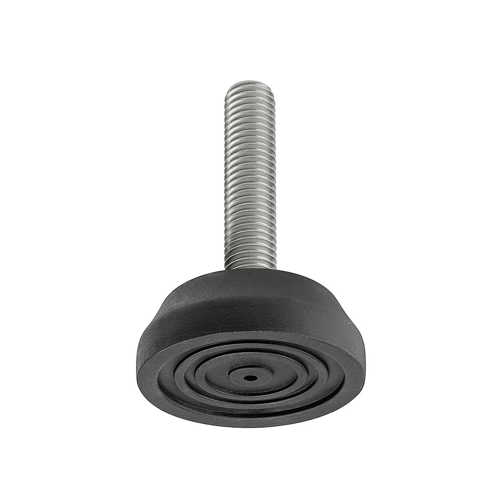 a round screw-in action levelling foot for machinery and appliances, made of black thermoplast elastomer, with a diameter of 50 mm and a tightly plastic-injection-moulded, stainless steel levelling screw M12x57mm, in the view from askew and from below, revealing four concentric profiled rings for non-slip protection at the bottom, isolated on white background