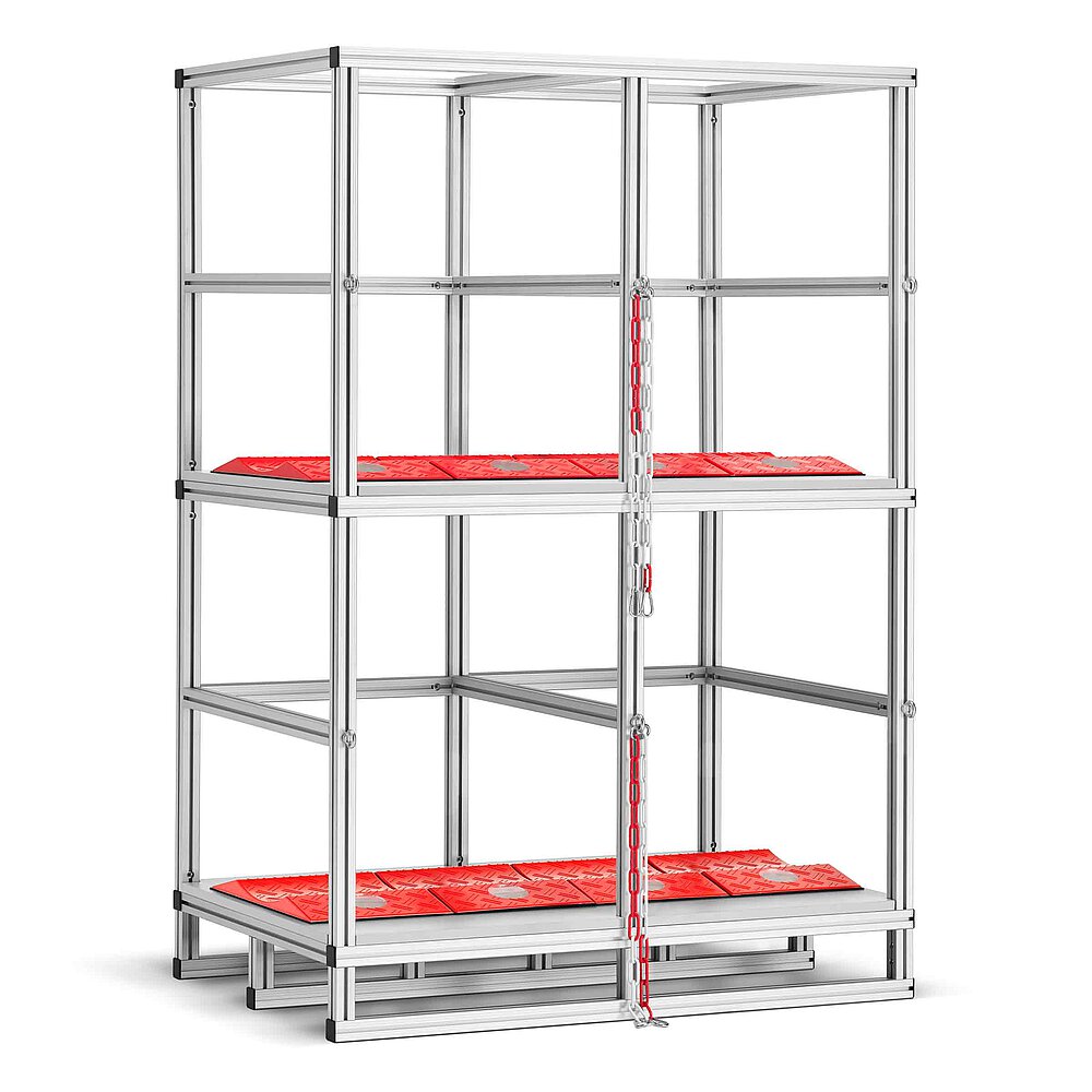 a tyre rack made of aluminium profiles with two storeys, each lined with red TyreGuard® tyre protectors, the securing cross-wise chain of both storeys each open and hanging downwards from the middle beam, isolated on white background