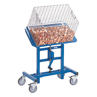 a blue, crank-action height-adjustable FETRA® mobile tilting stand on wheels with a filled steel mesh box on a slated platform, isolated on white background