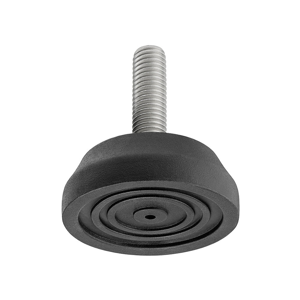 a round screw-in action levelling foot for machinery and appliances, made of black thermoplast elastomer, with a diameter of 50 mm and a tightly plastic-injection-moulded, stainless steel levelling screw M10x37mm, in the view from askew and from below, revealing four concentric profiled rings for non-slip protection at the bottom, isolated on white background