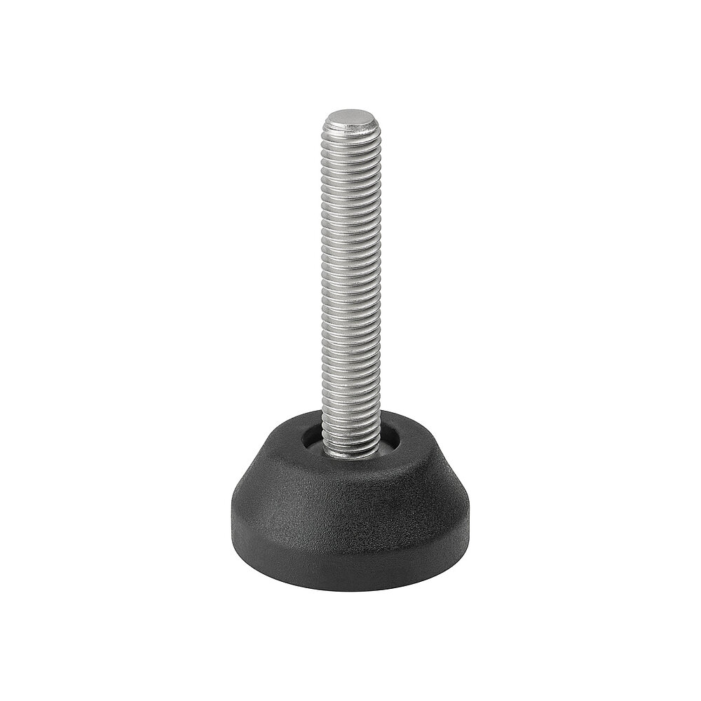 a round screw-in action levelling foot for machinery and appliances, made of black thermoplast elastomer, with a diameter of 40 mm and a tightly plastic-injection-moulded, stainless steel levelling screw M10x57mm, in the view from askew and from above, isolated on white background