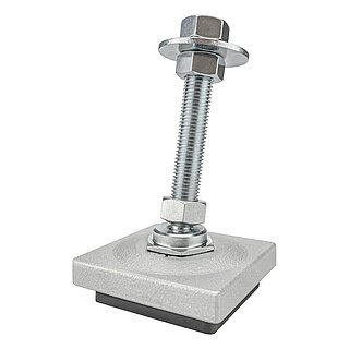 a square, silver-lacquered levelling element made of cast iron, with a pendulum-action zinc-coated levelling screw placed in a pressure fitting with safety ring on top of the cast iron corpus, and black elastomer for vibration damping at the bottom, isolated on white background