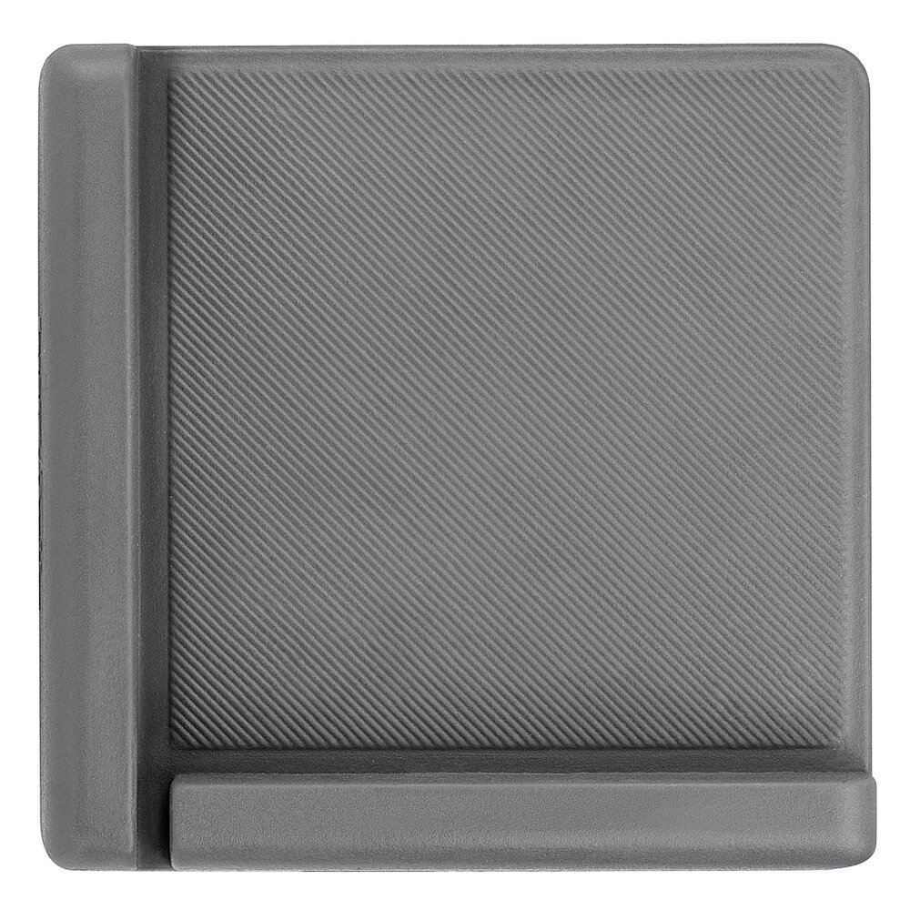 a medium-sized light-grey square elastomer form piece in the flat-lay view from above, with two orthogonal crosspieces and fine parallel grooves on the surface, isolated on white background