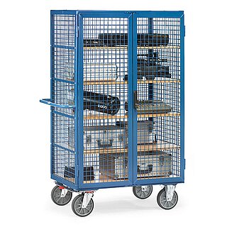 a blue FETRA® box cart with five brown shelvings and loaded with various audio-visual equipment, isolated on white background