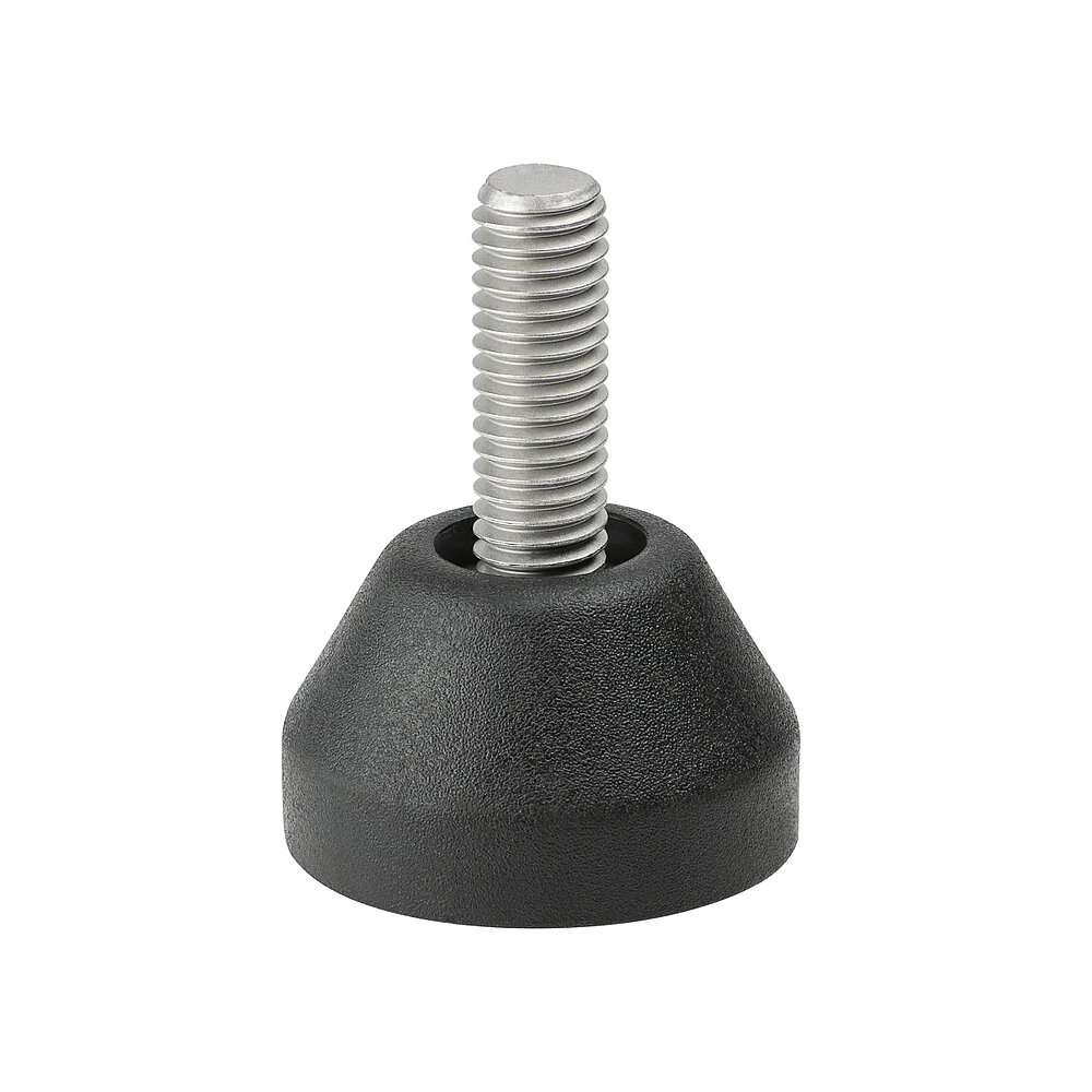 a round screw-in action levelling foot for machinery and appliances, made of black thermoplast elastomer, with a diameter of 30 mm and a tightly plastic-injection-moulded, stainless steel levelling screw M8x22mm, in the view from askew and from above, isolated on white background