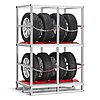 a tyre rack made of aluminium profiles with two storeys, each lined with red TyreGuard® tyre protectors and loaded with four tyres on alloy rims, both storeys secured with a cross-wise chain, isolated on white background