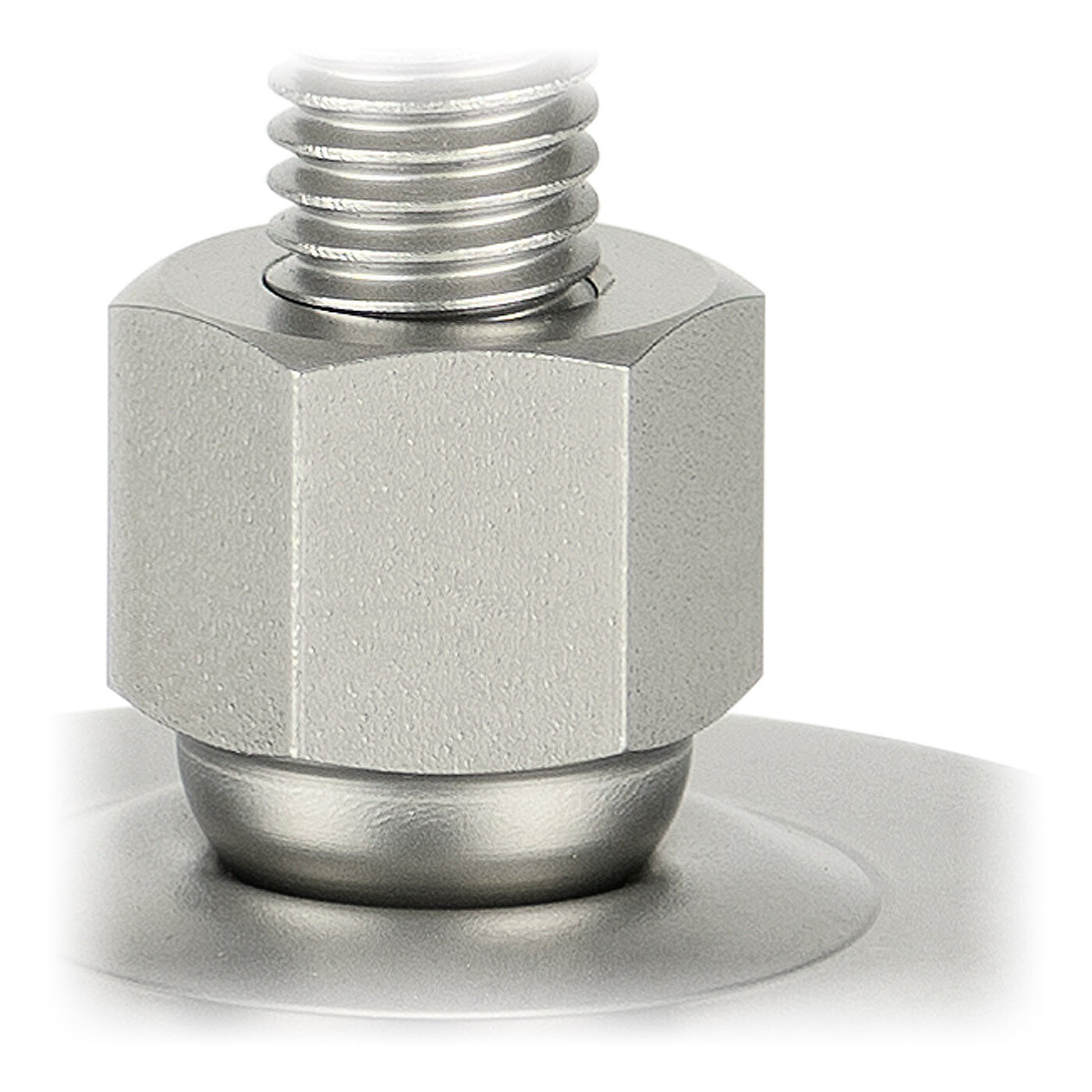 detailed view of a matte-shiny hexagonal capnut with ballhead made of stainless steel, as part of a bwz Schwingungstechnik® levelling element