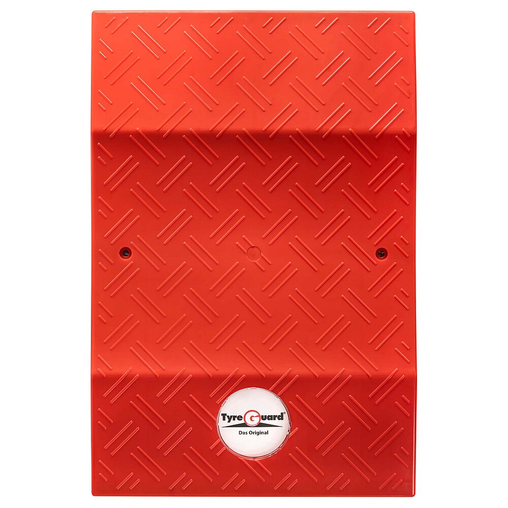 a red tyre protector of the TyreGuard® brand, made of high-strength plastics, in upright view, isolated on white background