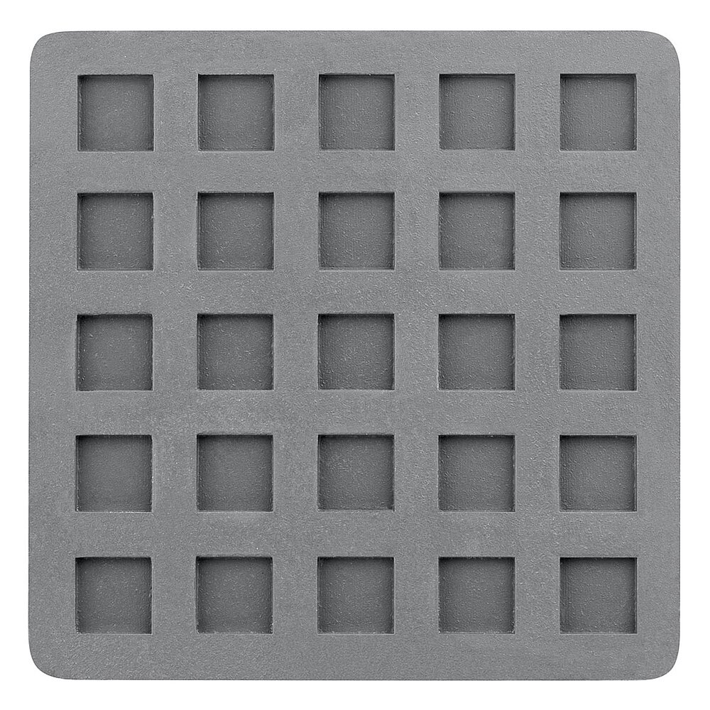 a small light-grey square elastomer form piece in the flat-lay view from below, with small square profile indentions on the bottom surface, isolated on white background