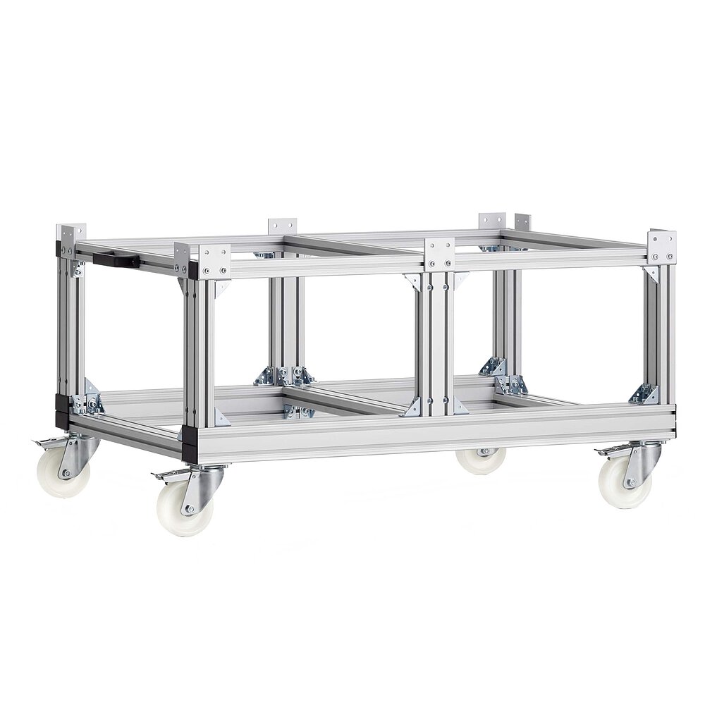 a pallet carrier made of aluminium profile in the elongated shape of EURO palettes, with four fastenable and turnable wheels, black pushbar handle, six vertical cross beams for the second storey and screwed-on vertical fixture plates located all around, isolated on white background