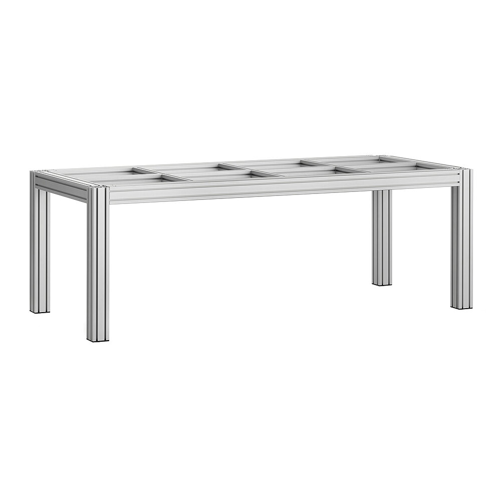 ein längliches Tischgestell aus quadratischem Aluminiumprofil mit vier Tischbeinen und Querverstrebungen für die Tischplattenauflage, freigestellt auf weißem Hintergrund