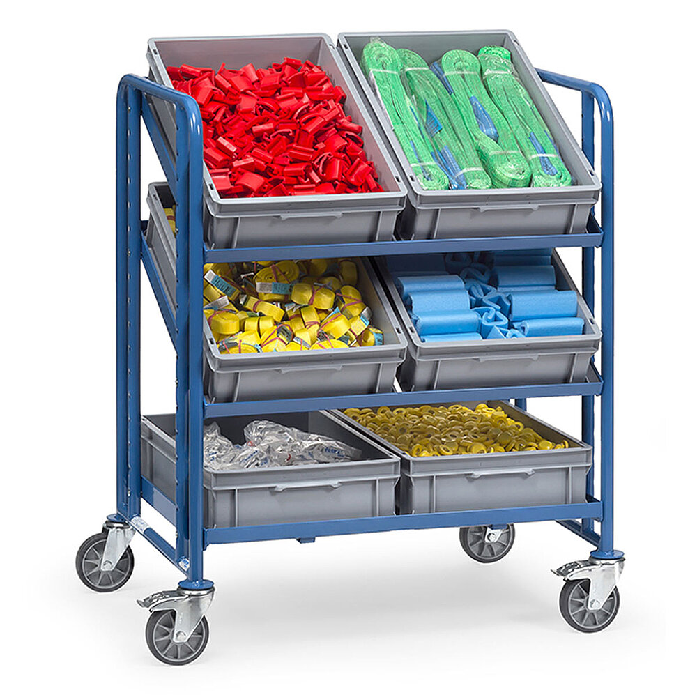 a blue FETRA® Euro box cart with three storeys, two of which are slanted, and loaded with six grey filled Euro storage boxes, isolated on white background