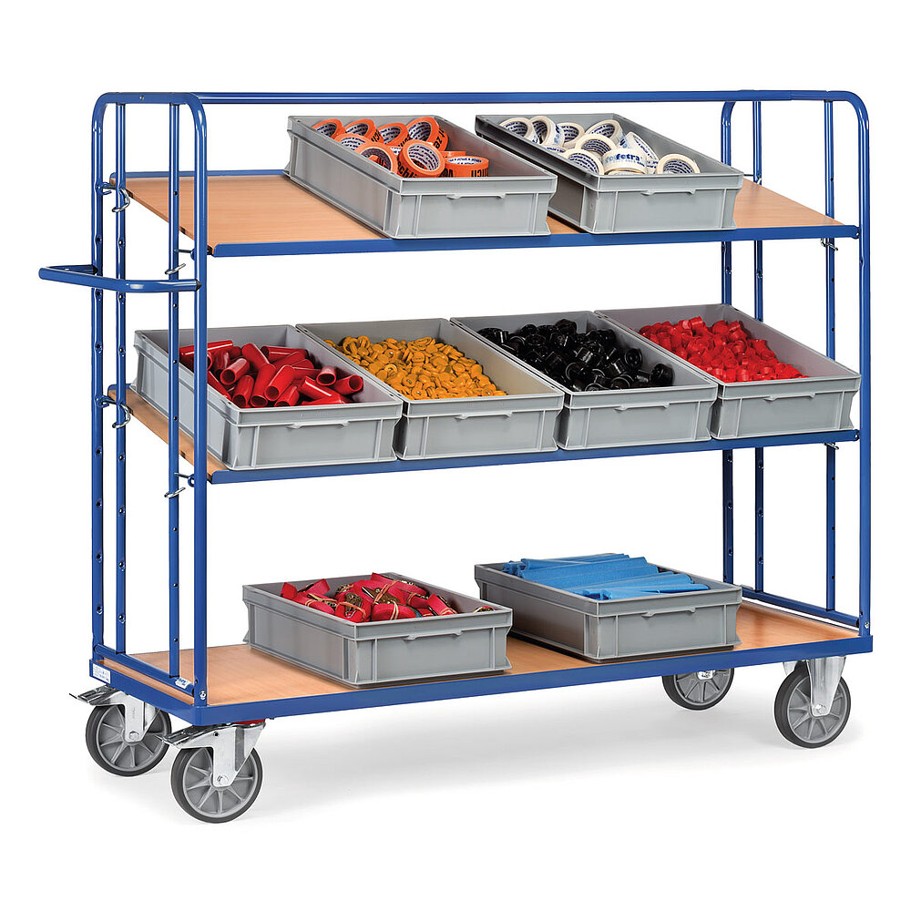 a blue FETRA® shelved trolley with detachable shelves and loaded with grey storage boxes, isolated on white background