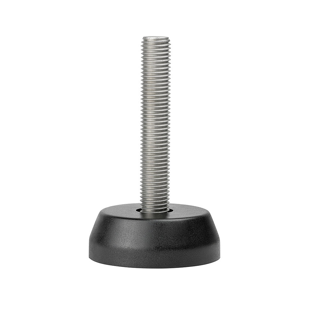a round screw-in action levelling foot for machinery and appliances, made of black polyamide, with a diameter of 70 mm and a tightly plastic-injection-moulded, stainless steel levelling screw M16x92mm, in the view from askew and from above, isolated on white background