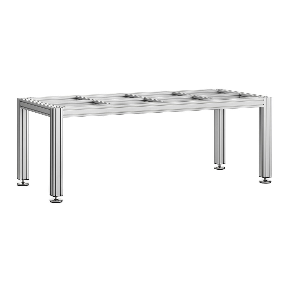 an elongated table frame made of aluminium profile of square cross-section, on four table legs and with cross-wise enforcement bars for the table top, mounted on stainless steel levelling elements screwed into the table legs, isolated on white background