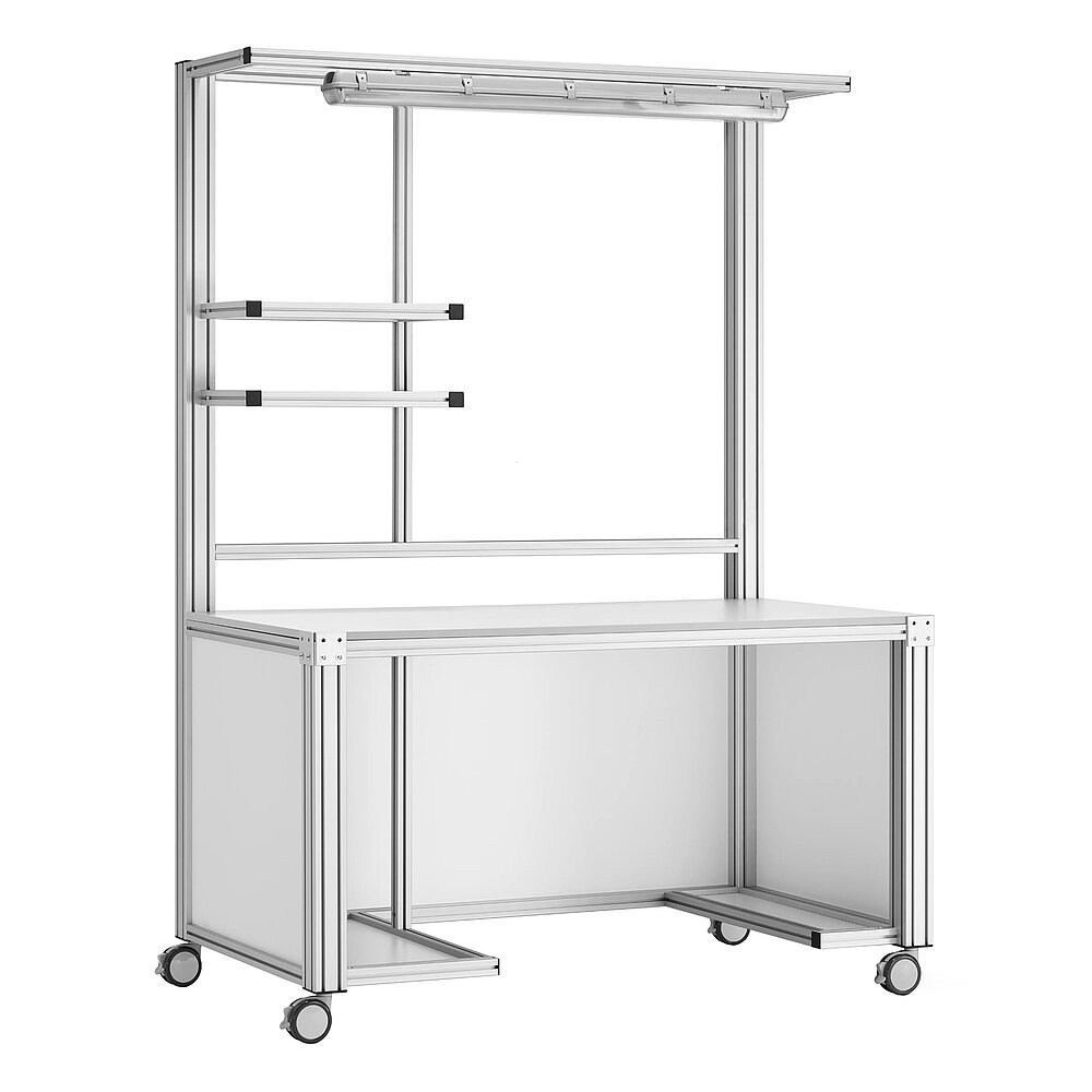 a basic mobile work table made of aluminium profiles on four fastenable & turnable wheels, with provision for workstation pc, provision for printer, storage in the overhead area and LED tube over the work area, isolated on white background